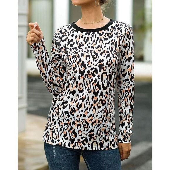 Women's Long Sleeve Pullover Tunic Top leopard print XL Casual Shirt Blouse - Picture 3 of 8
